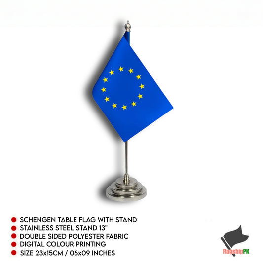 Schengen Table Flag - Stainless Steel Stand - Premium Polyester Fabric With Digital Printing - EU Flag