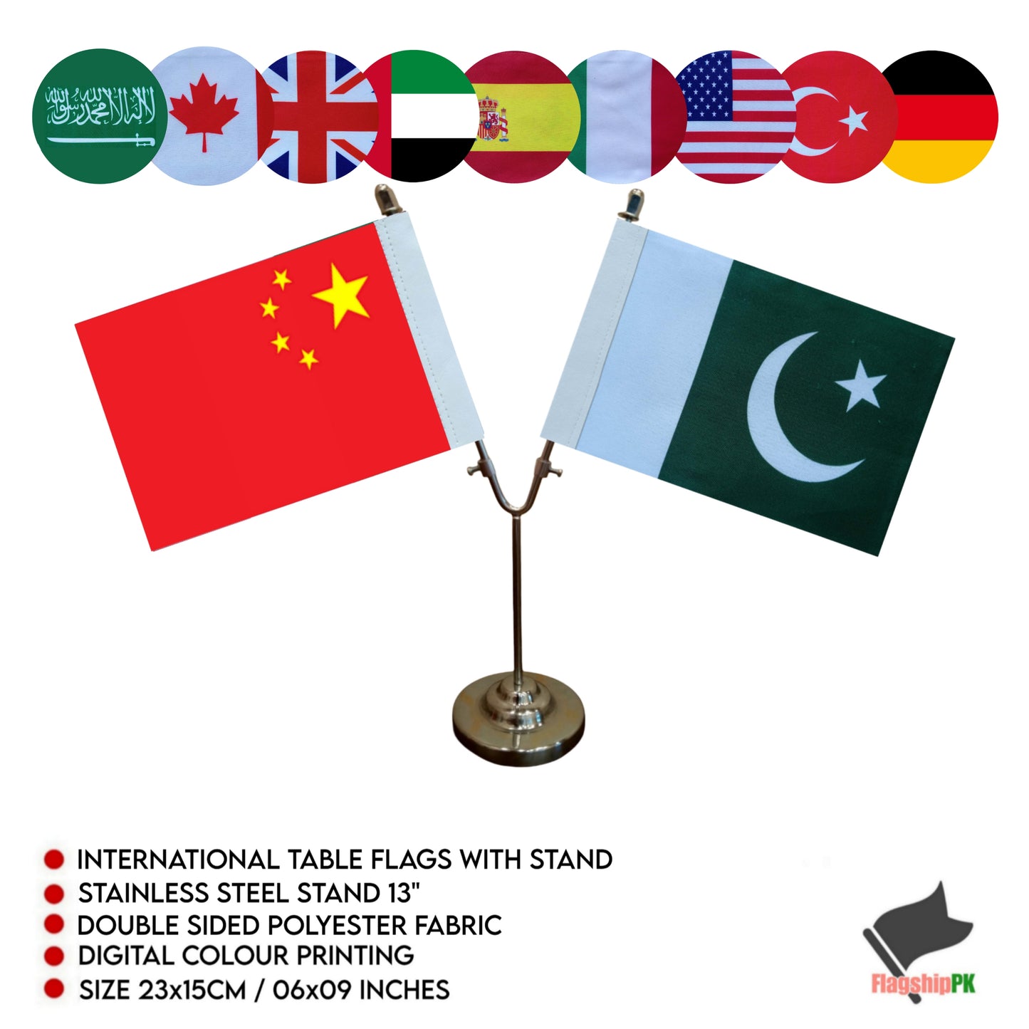 Double Stand Table Flag V Shape - Polyester Fabric Double Sided - Included 15+ Countries - Desk Flag